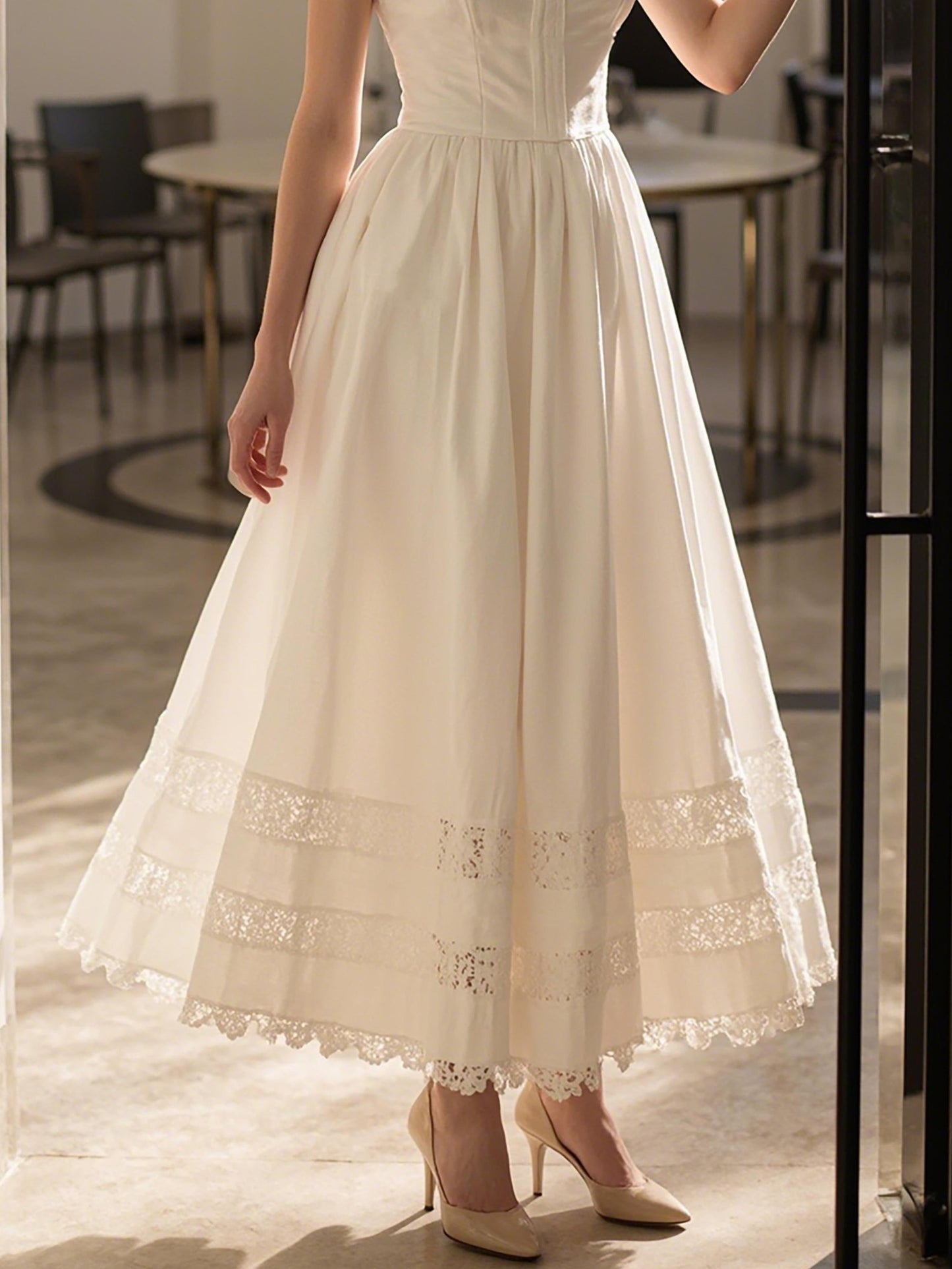 Maxi Linen Dress, Sleeveless, Sweetheart Neckline, Plain, Lace, Vintage, White