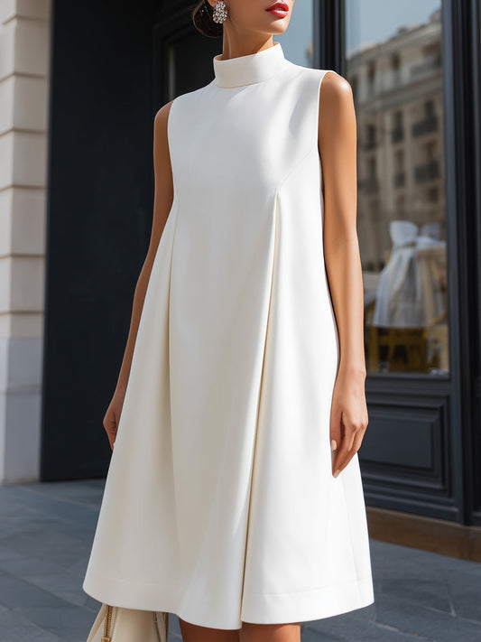 Minimalist High-Neck Sculpted A-Line Midi Dress