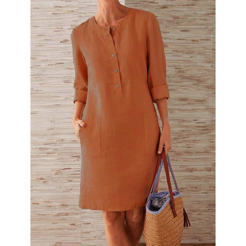 Plus Size Spring NEW round Neck Solid Color Long Sleeve Dress