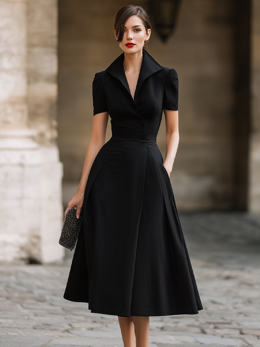Short-Sleeve Notched Collar Midi Dress