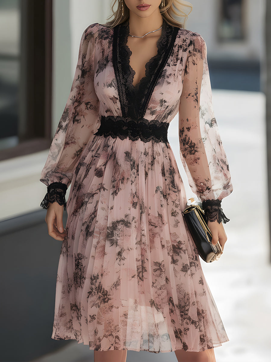 Lace-Trimmed Floral Pleated Midi Dress