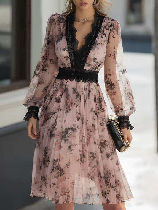 Lace-Trimmed Floral Pleated Midi Dress