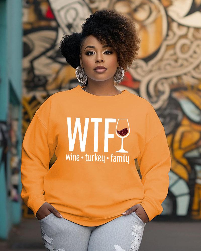 Women's Crewneck Thanksgiving Wine Turkey Family Printed Long Sleeve Sweatshirts