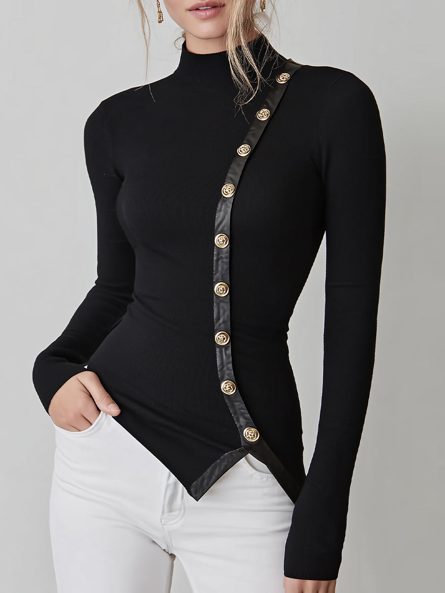 Black Rib-Knit Turtleneck Top - Edgy Leather Trim & Gold Button Detail