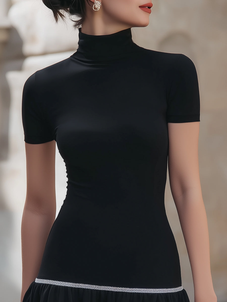 Chic Contrast Trim Mock Neck Ruffle Hem Dress