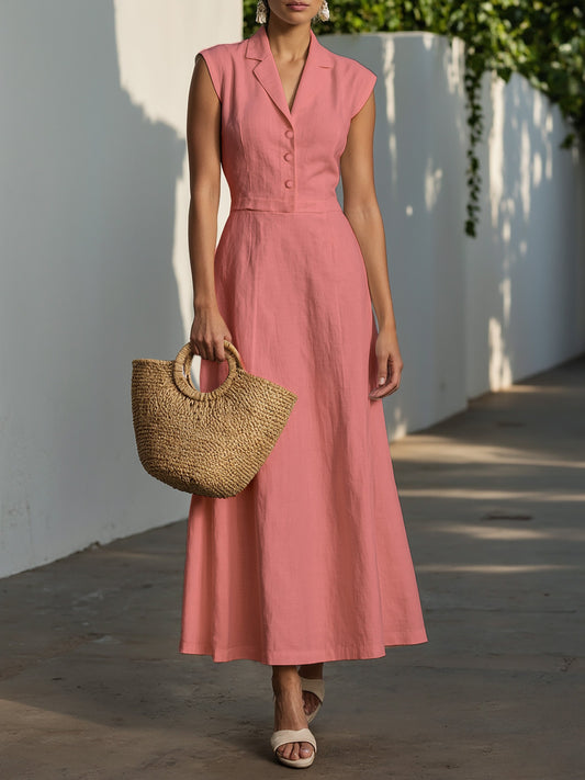 Maxi Linen-Cotton Blend Dress , Cap Sleeves, Shawl Collar, Plain, Button Design, Vintage, Pink