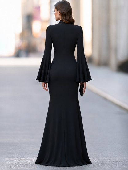 Draped Ruffle Bell Sleeve Maxi Dress