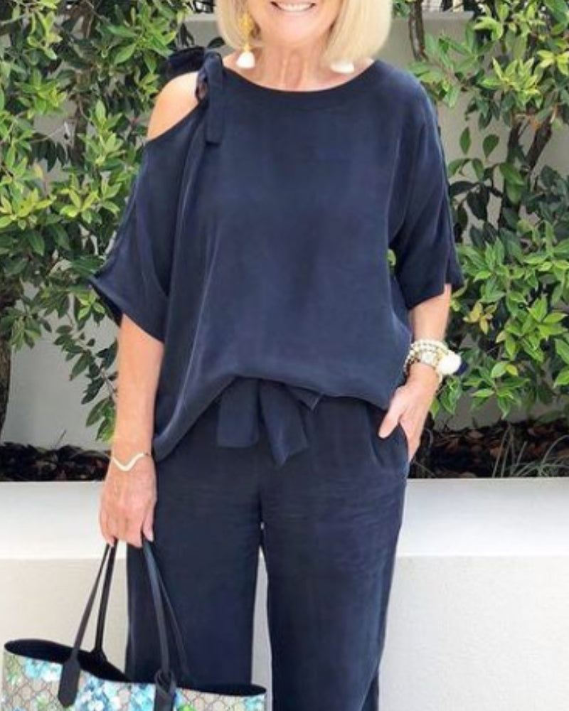 Off-the-Shoulder Top and Wide-Leg Pants Two-Piece Suit