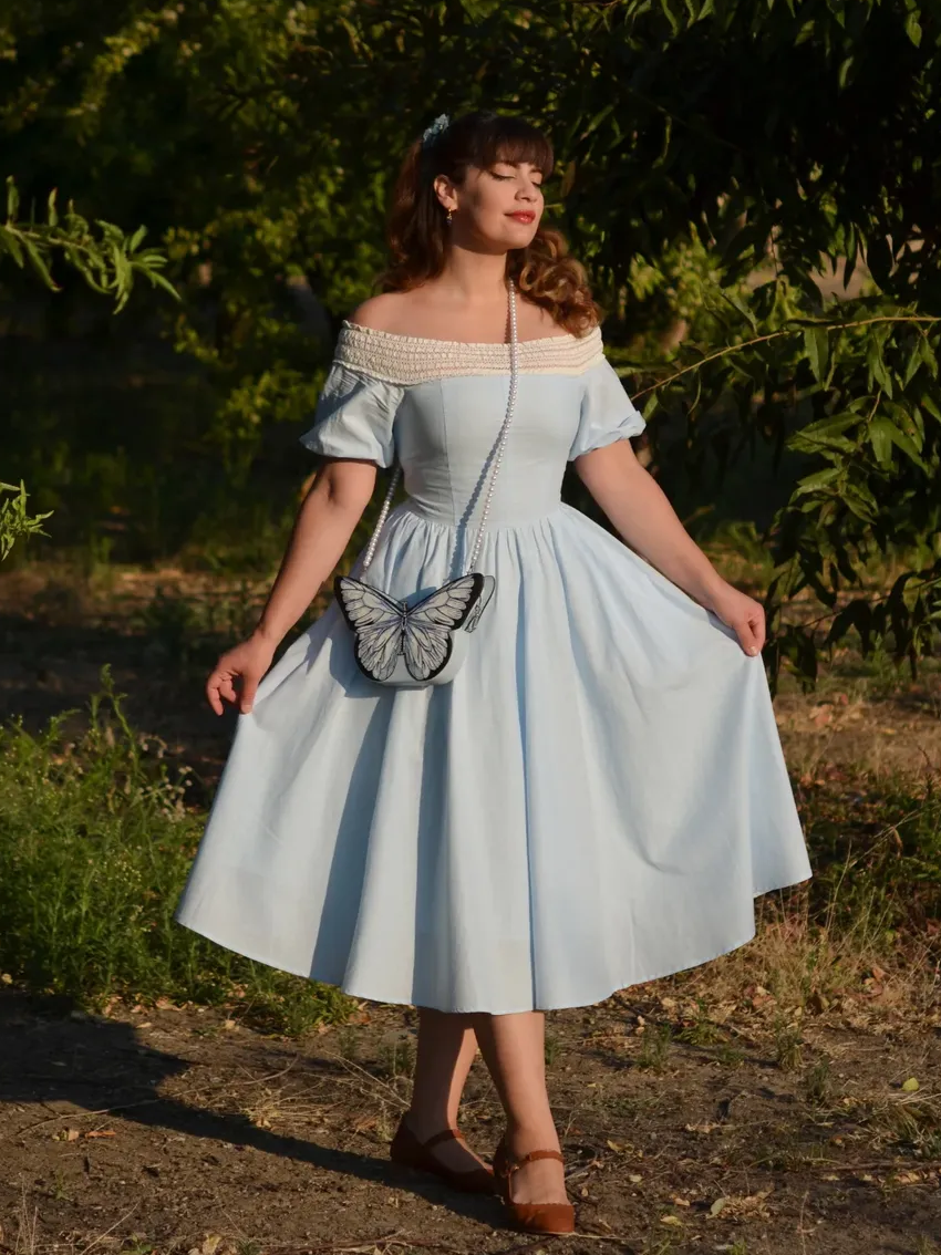 Linen Midi Dress, Balloon Sleeve, Lace Collar, Plain, Vintage, Blue