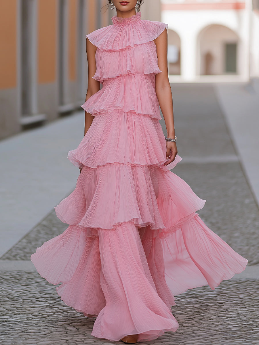 Elegant Pink Pleated Tiered Ruffle Maxi Gown