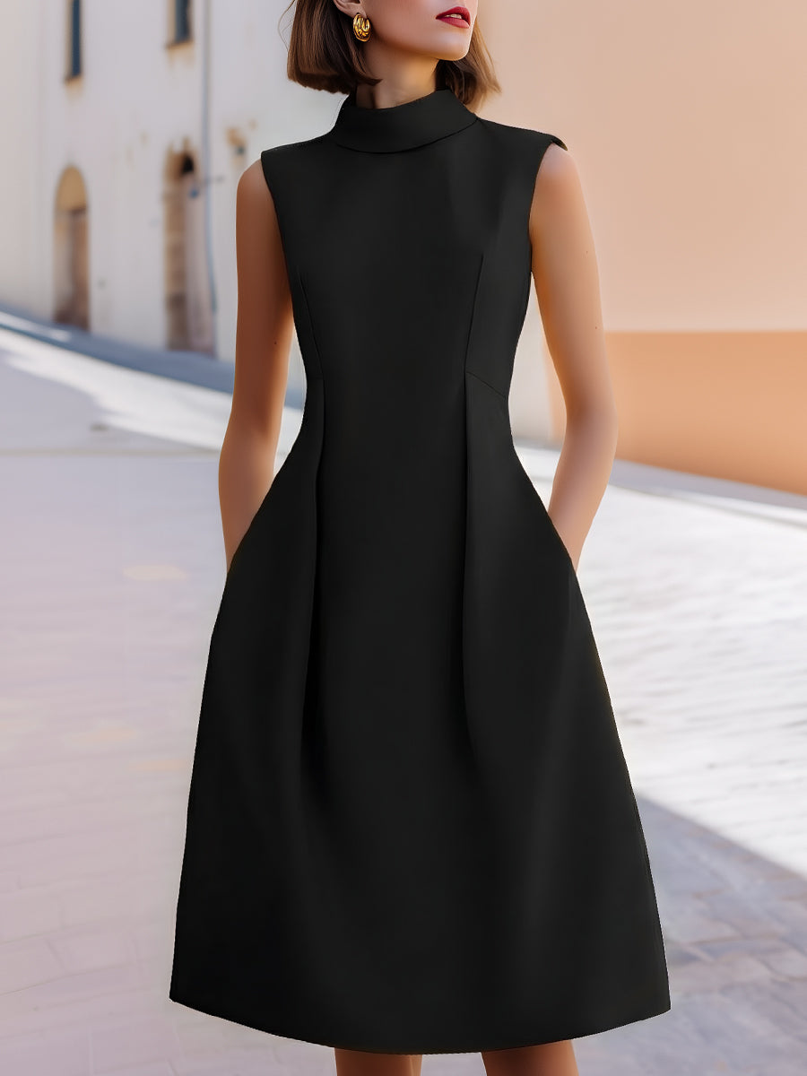 High-Neck Sleeveless Sculpted A-Line Dress