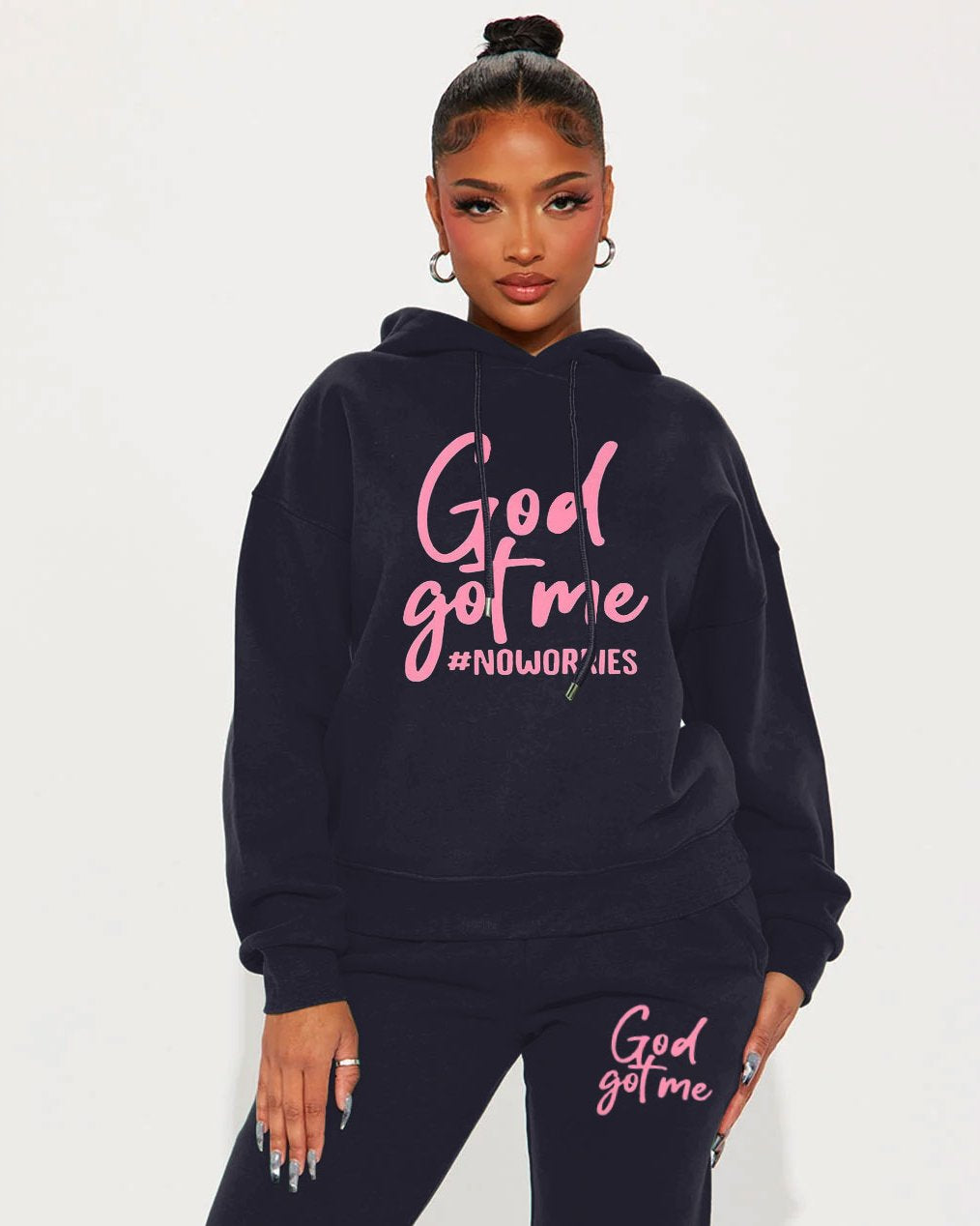 Letter God Got Me Long Sleeve Hoodie Two Pieces Set