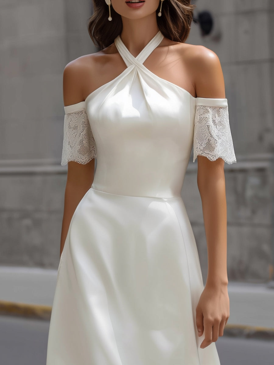 Halter Neck Lace-Trim Midi Dress