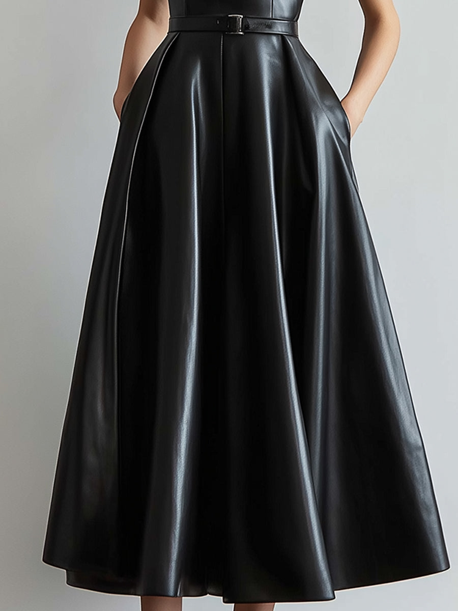 Sophisticated Faux Leather Black Midi Dress With Belted Waist