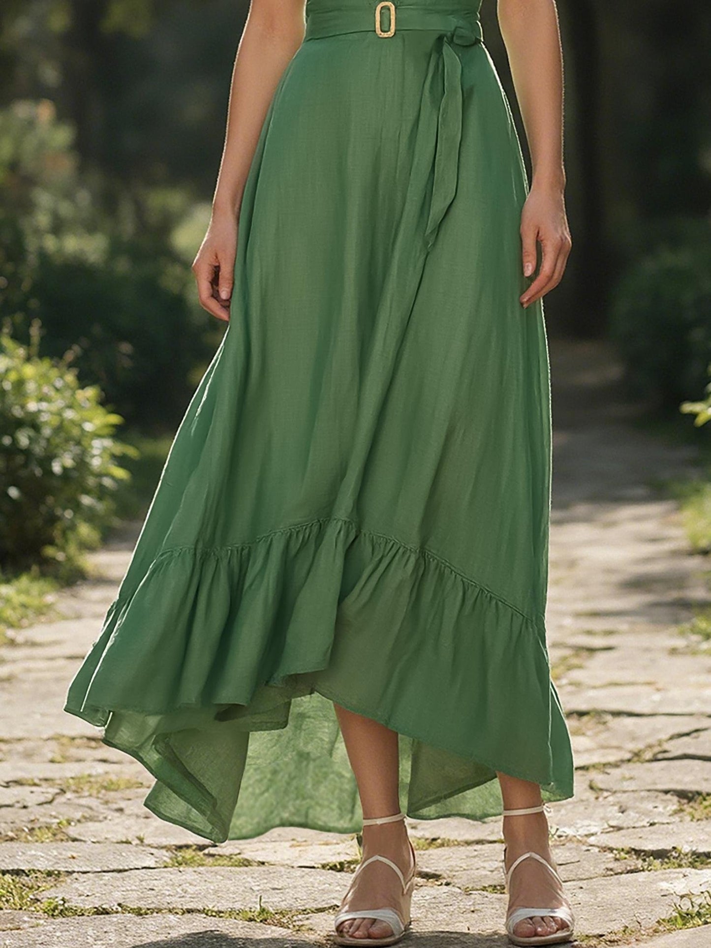 Pure Cotton Maxi Dress, Short Sleeve, Lace Collar, Plain, Vintage, Green