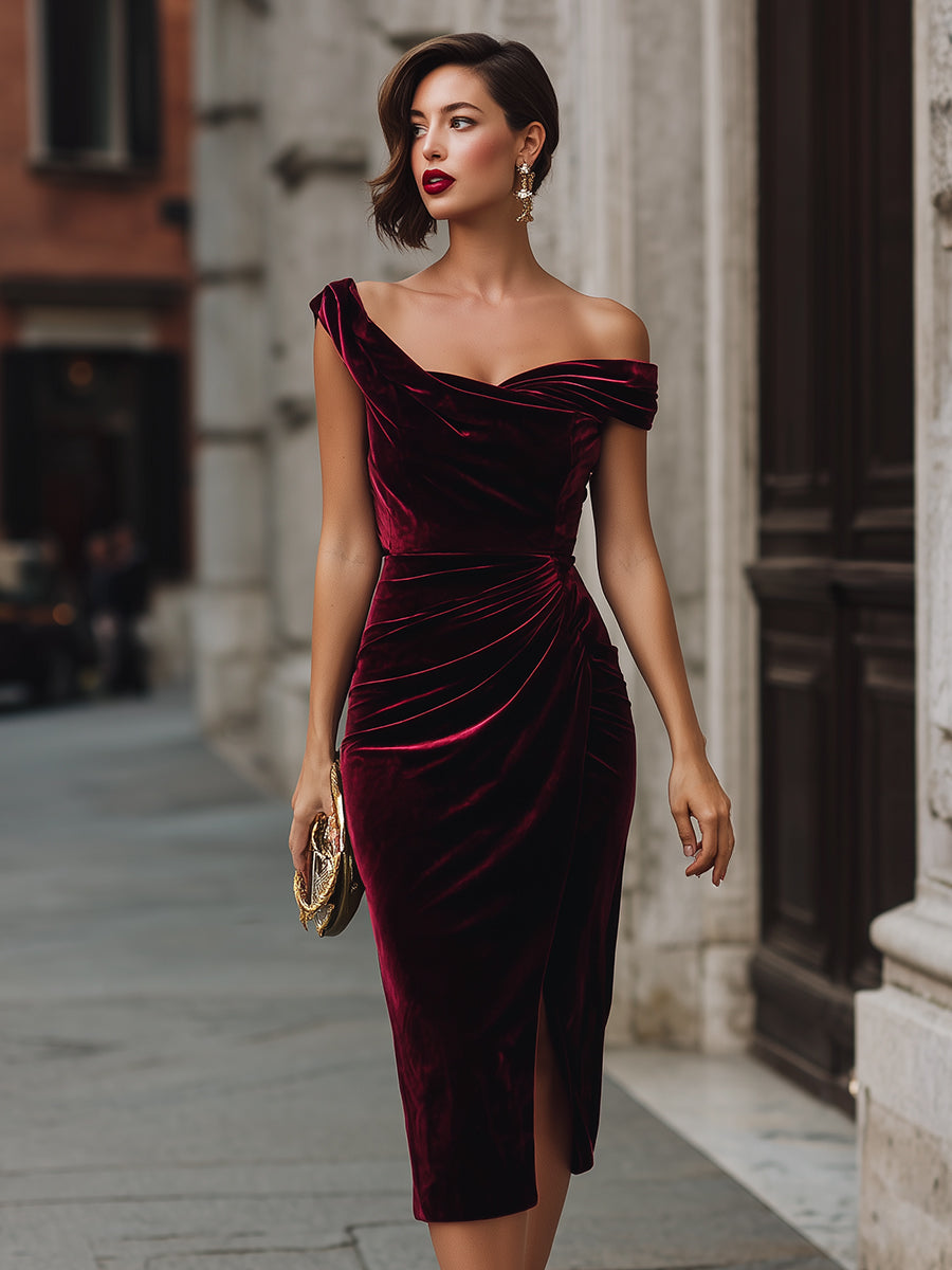 Ethereal Midnight Velvet Off-Shoulder Midi Dress