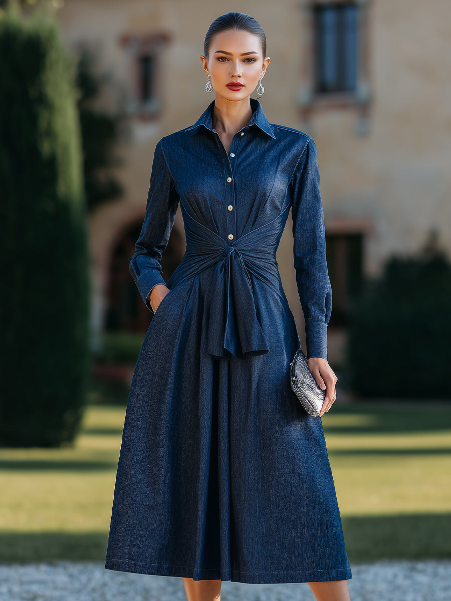 Tailored Shirt-Dress With Cinched Waist Tie Detail