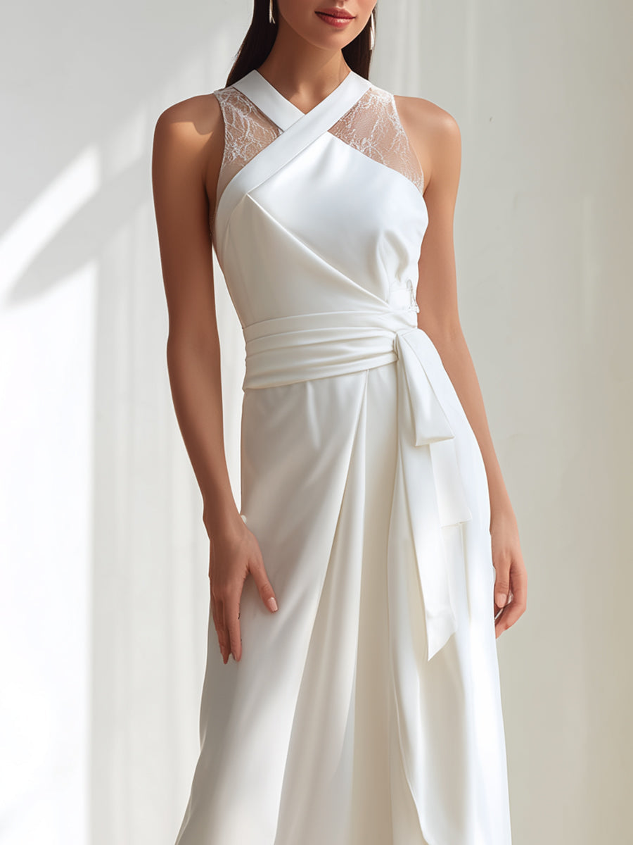 White Cross-Neck Lace Panel Wrap Maxi Dress