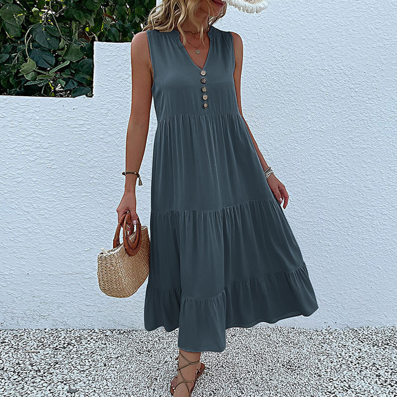 Sleeveless Draped Dress Loose V-neck Mid-Length Dress