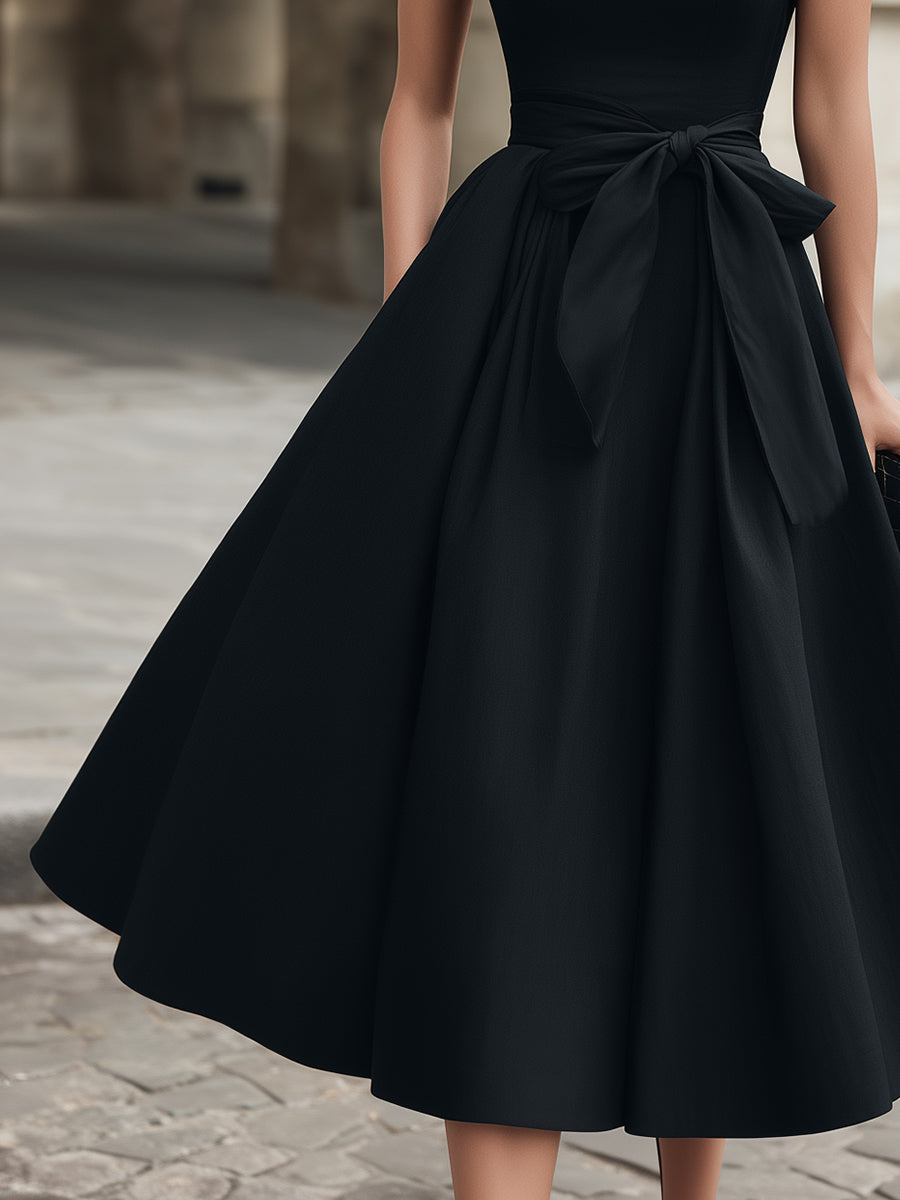 Cap-Sleeve Bow-Waist Midi Dress