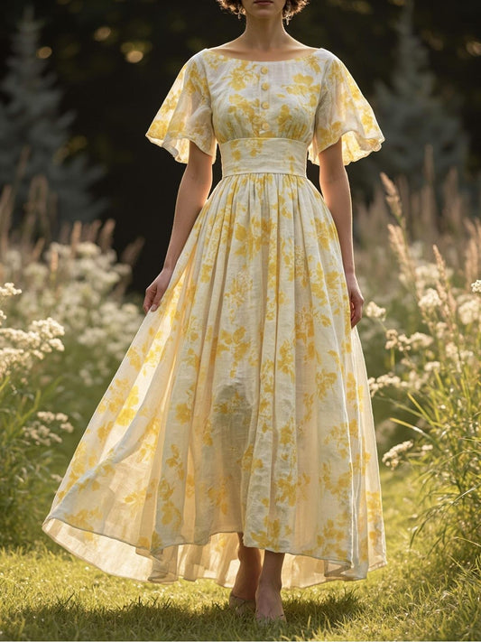 Linen Maxi Dress, Bell Sleeve, Boat Neck, Floral, Vintage, Yellow