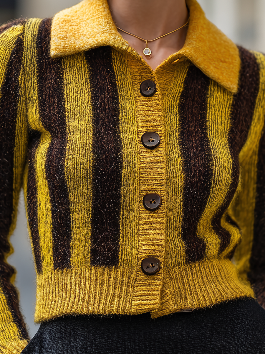 Yellow Brown Striped Collared Cropped Knit Cardigan