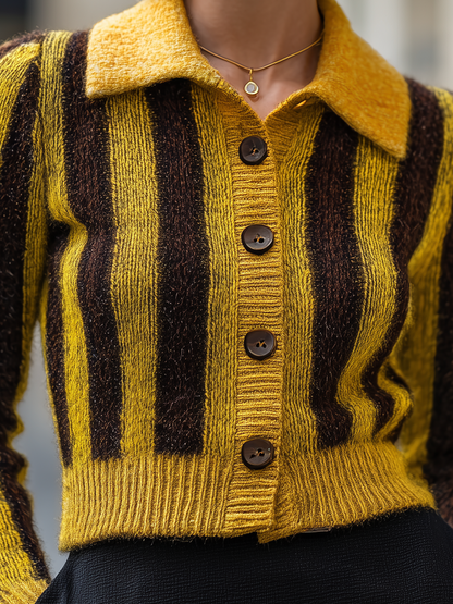 Yellow Brown Striped Collared Cropped Knit Cardigan