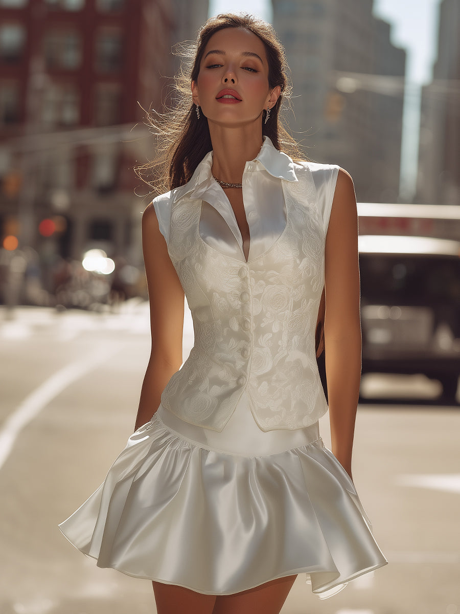 Elegant Floral Jacquard Vest & Sleeveless Flared Dress Set