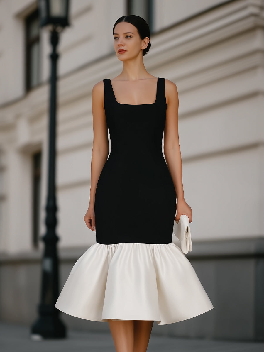 Square Neck Sleeveless Ruffle Hem Midi Dress