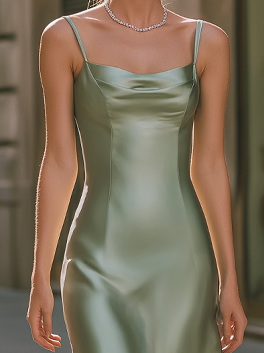 Elegant Satin Slip Midi Dress With Soft Cowl Neckline