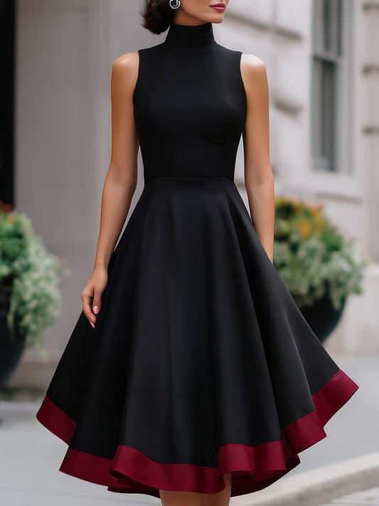Contrast Hem High-Neck Fit-and-Flare Midi Dress