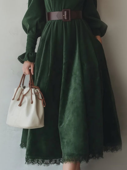 Midi Cotton Dress, Long Sleeves, V Neck, Plain, Lace, Vintage, Green