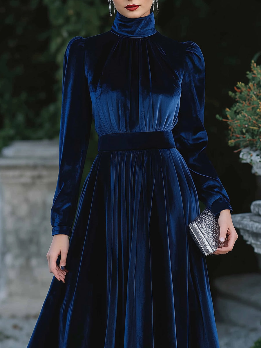 High-Neck Pleated Velvet Midi Dress