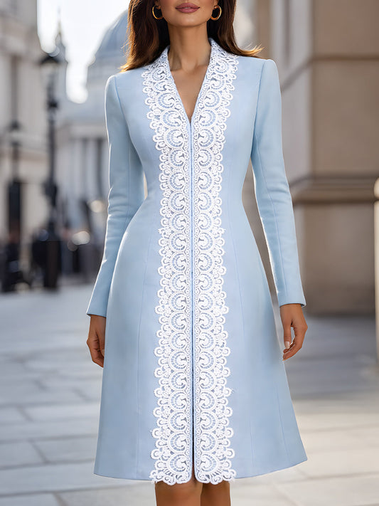 Elegant A-Line Lace-Trim Tailored Midi Dress