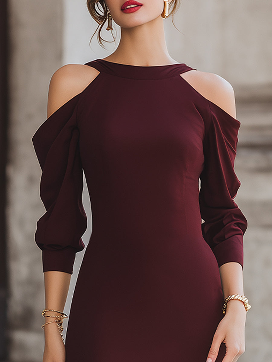 Elegant Cold-Shoulder Long Sleeve Midi Dress