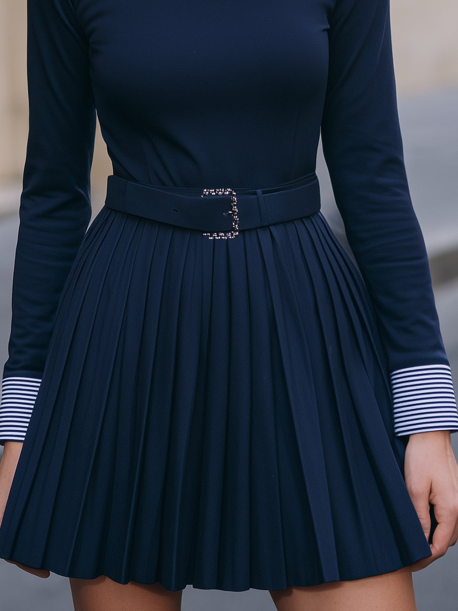 Striped-Collar Belted Pleated Long-Sleeve Dress