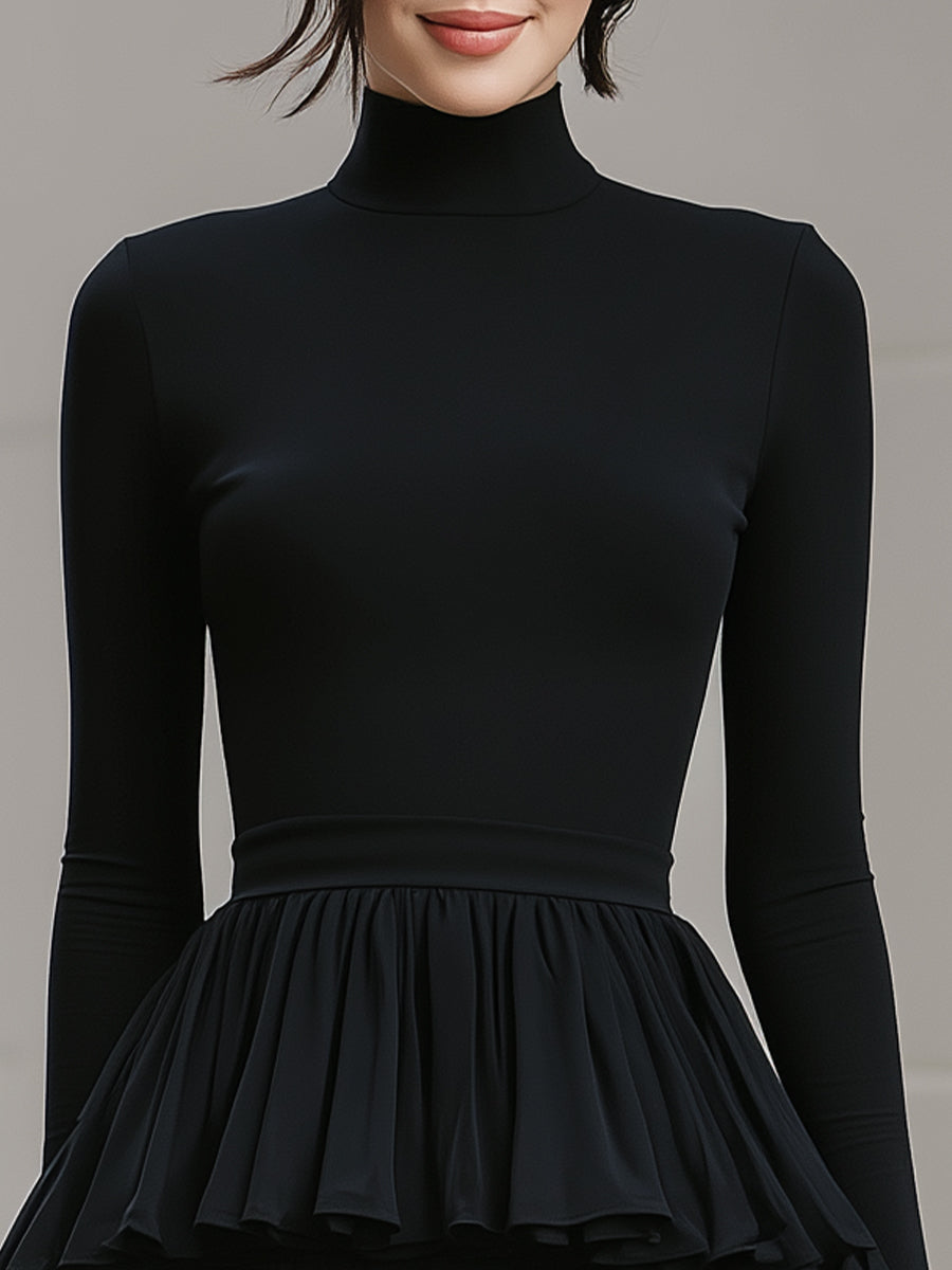Black Turtleneck Tiered Ruffle Mini Dress