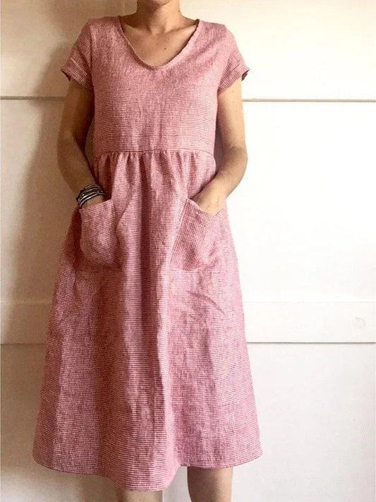 Mid-Sleeve V-neck Large Pocket Mid-Length High Waist Dress