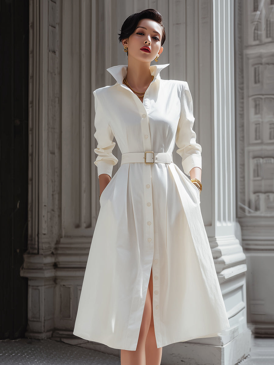Elegant Shirt Dress With Belted Waist And High Collar