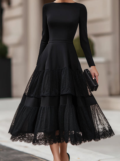 Long Sleeve Tiered Lace Hem Midi Dress