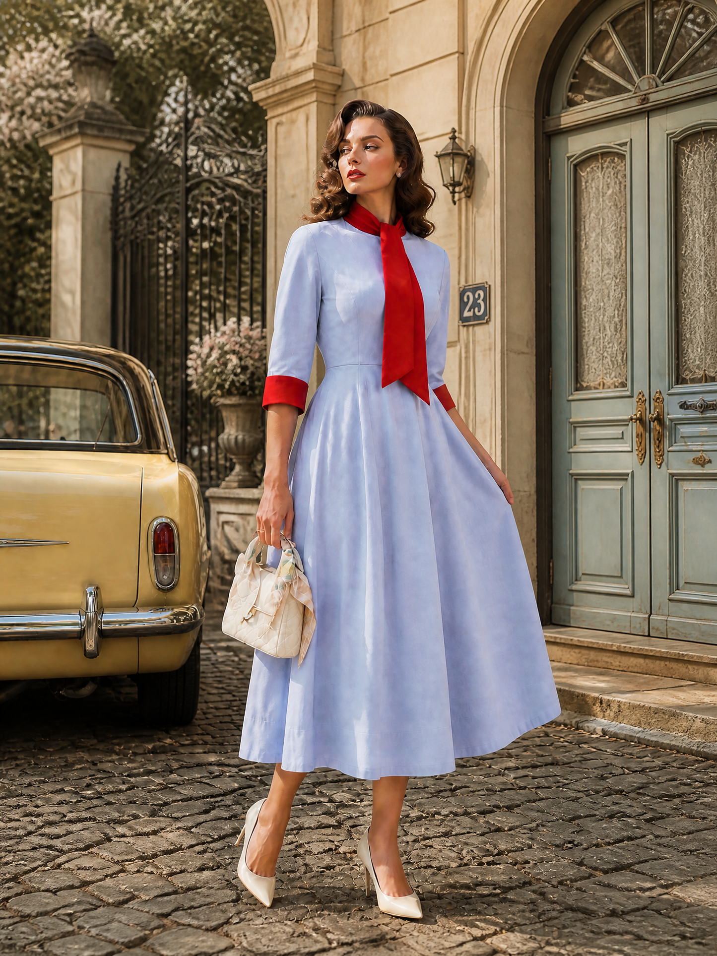 1950s Vintage Sky-Blue Contrast Red Tie-Neck Fit-and-Flare Midi Dress