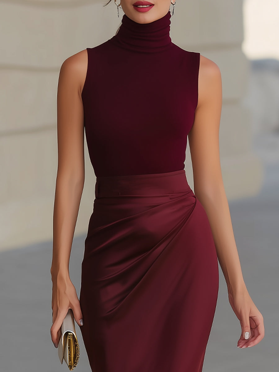 Burgundy Sleeveless Turtleneck Draped Satin Midi Dress