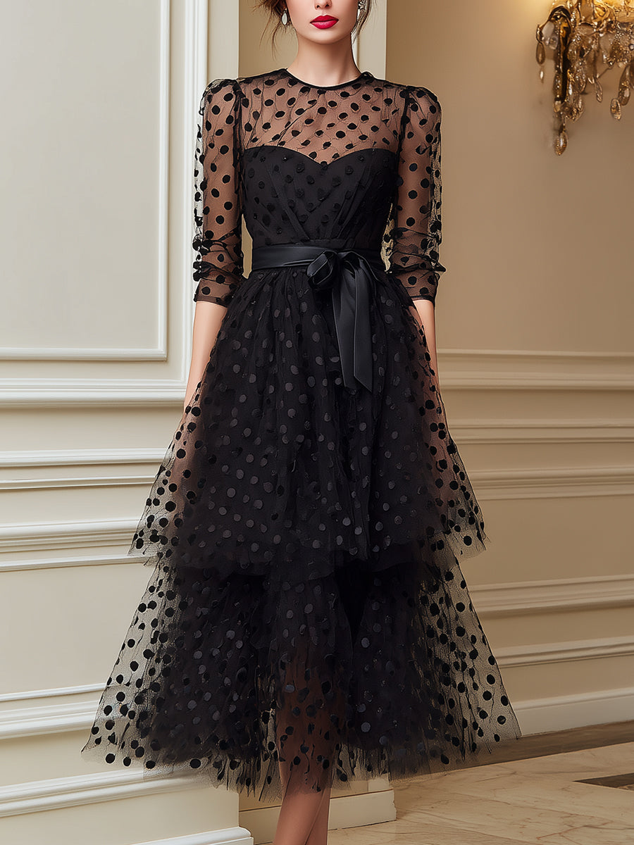 Sheer Polka Dot Tulle Belted Midi Dress