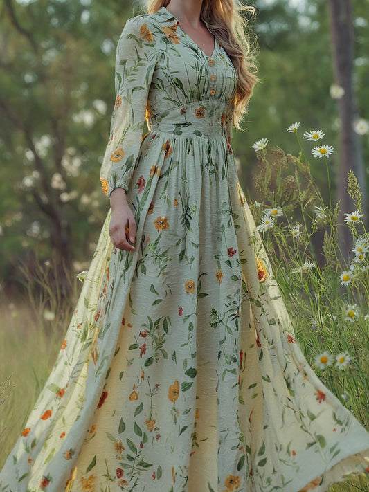 Linen Maxi Dress, Long Sleeves, V Neck, Floral,Daily,Apricot