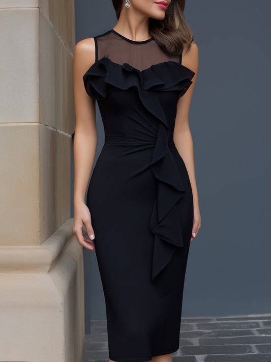 Sheer Neckline Ruffle-Trim Sculpted Midi Dress