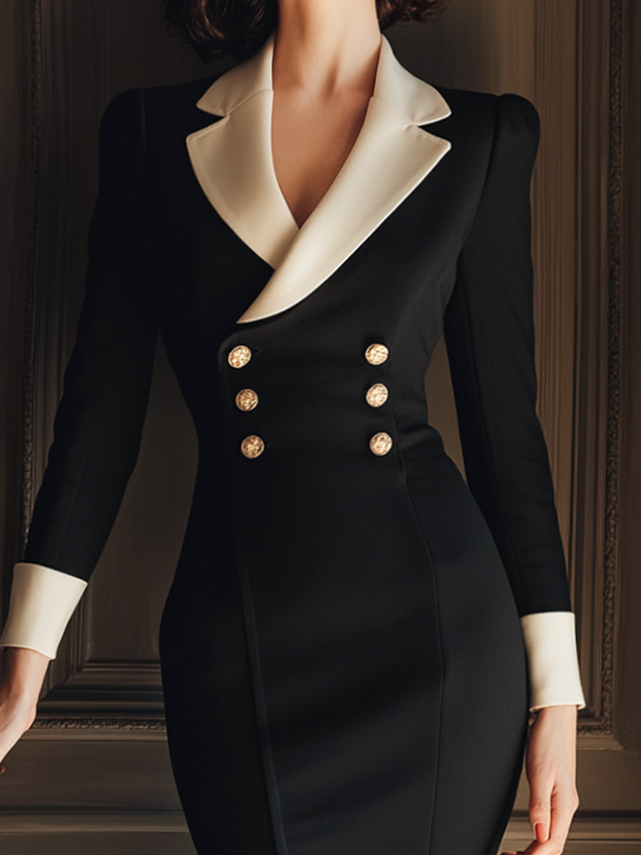 Black Double-Breasted Contrast Lapel Tailored Midi Dress