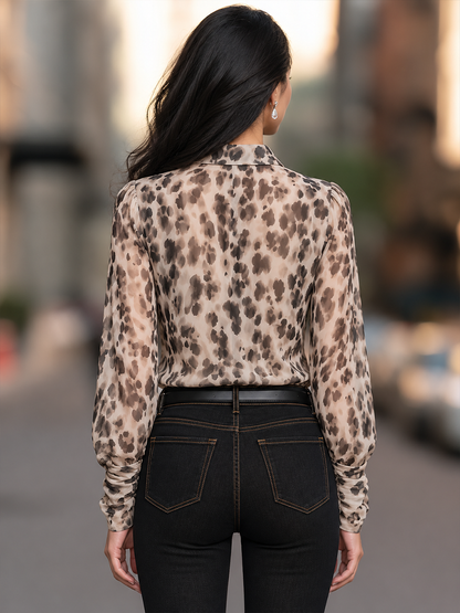 Leopard Print Blouse With Cowl Draped Collar And Ruched Sleeves
