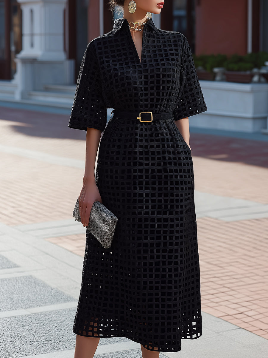 Structured Cutout Grid Midi Dress With Lining