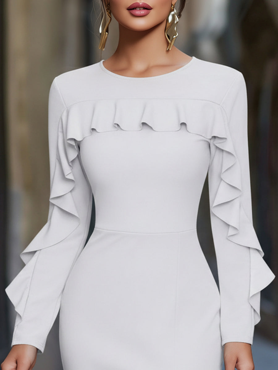 Ruffled Long Sleeve Split Hem Sheath Dress