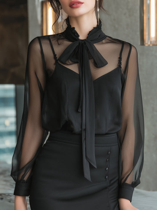 Black Sheer Bow-Tie Blouse With Draped Neckline